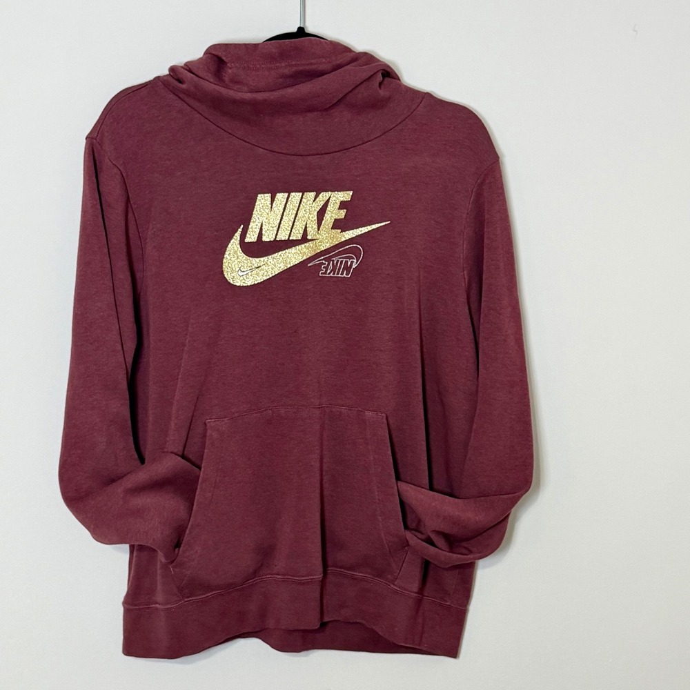 Nike Mauve Maroon Funnel Neck Hoodie Metallic Gold Logo Sweatshirt Pullover L
